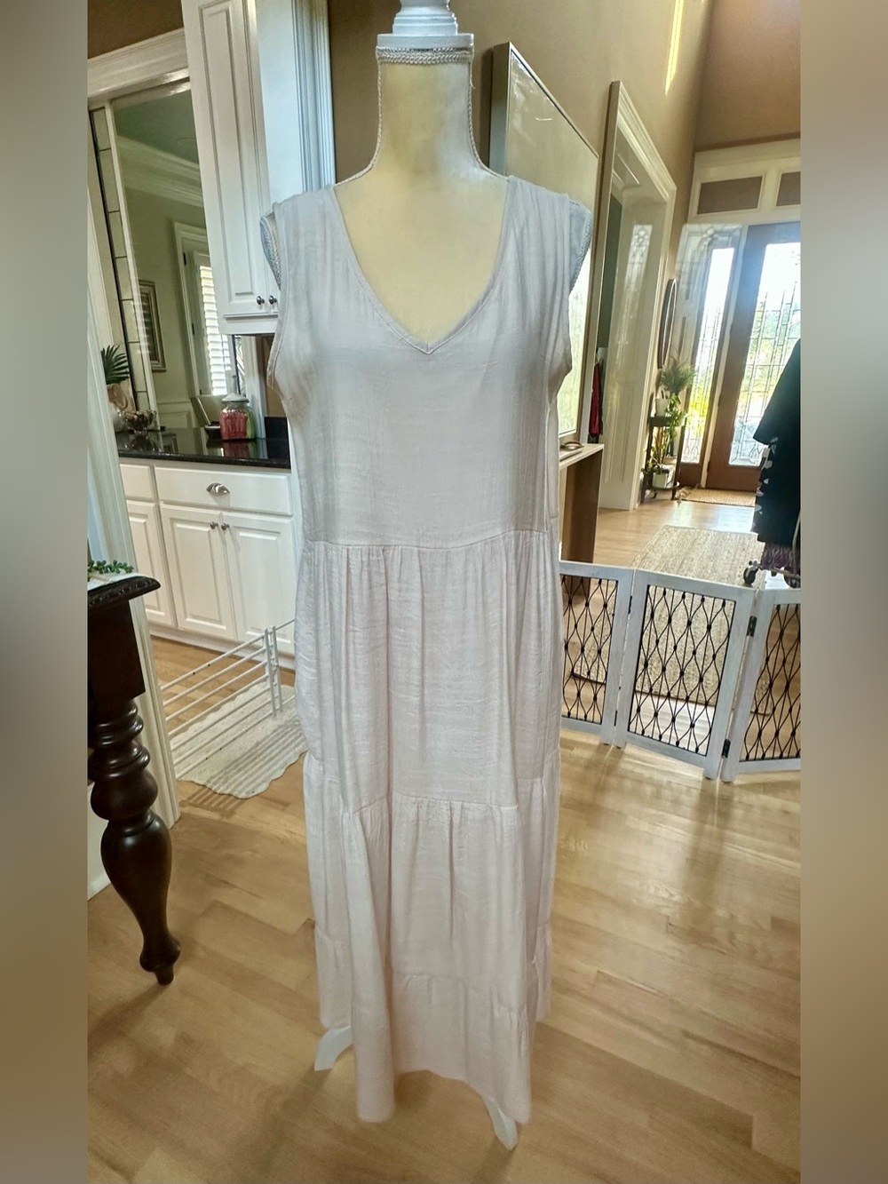 Light Ecru Sleeveless V-Neck Tiered Maxi Dress & tie front shirt as coverup set